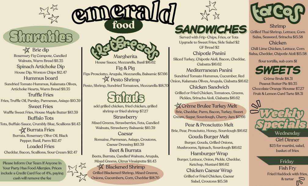 Emerald Cocktail Kitchen food menu preview